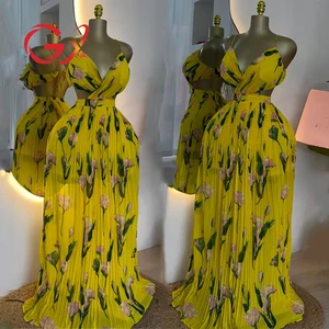 GX9143 Fashion 2025 Summer Ladies Street Wear Sexy Backless Dress Sleeveless Deep V Neck Yellow Printed Elegant Maxi Dresses