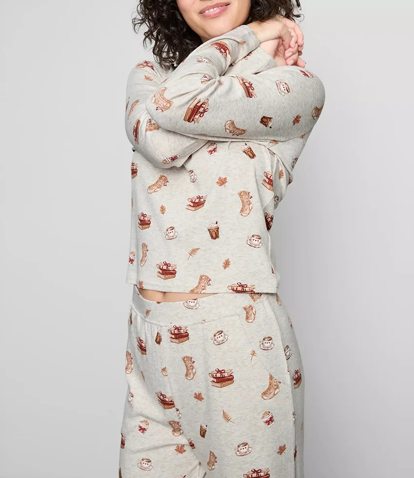 Womens Polyester Spandex Pajama Set Long Sleeve Round Neck Allover Print Lounge Wear Sleepwear Autumn Winter — detail