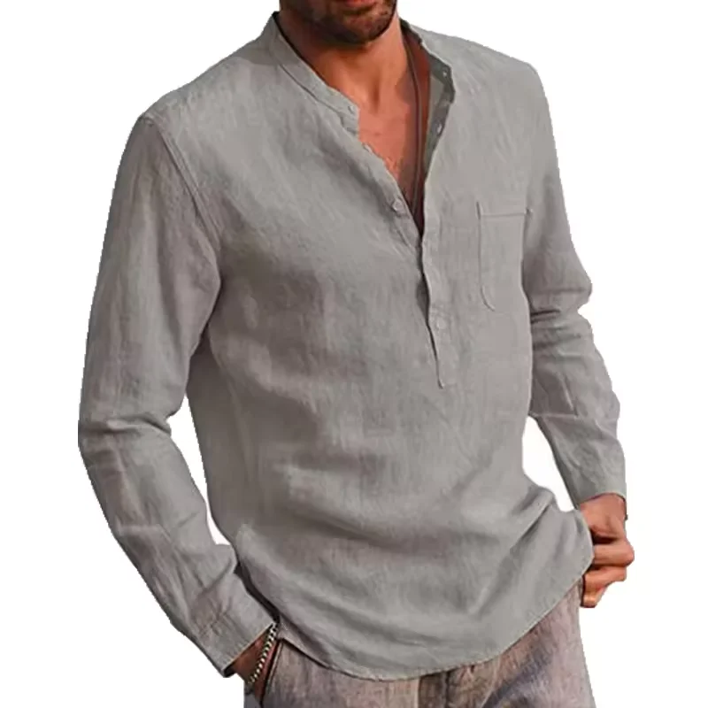 Men's Long Sleeve V-neck Casual Beach Linen Shirt