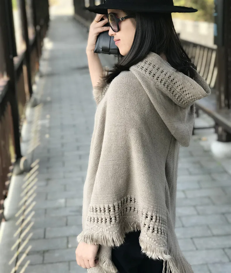 oversized fashion knit tassels cloak capes phocho sweater  scarf Knitted hooded cape shawl