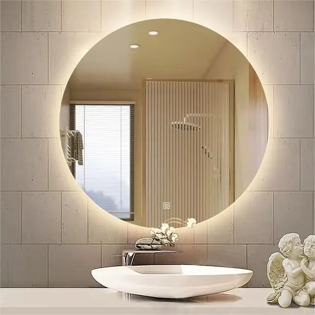 Modern round Bath Mirrors Wall Mounted Smart LED Light Bathroom Mirror with Touch Screen Defogger Illuminated Mirror