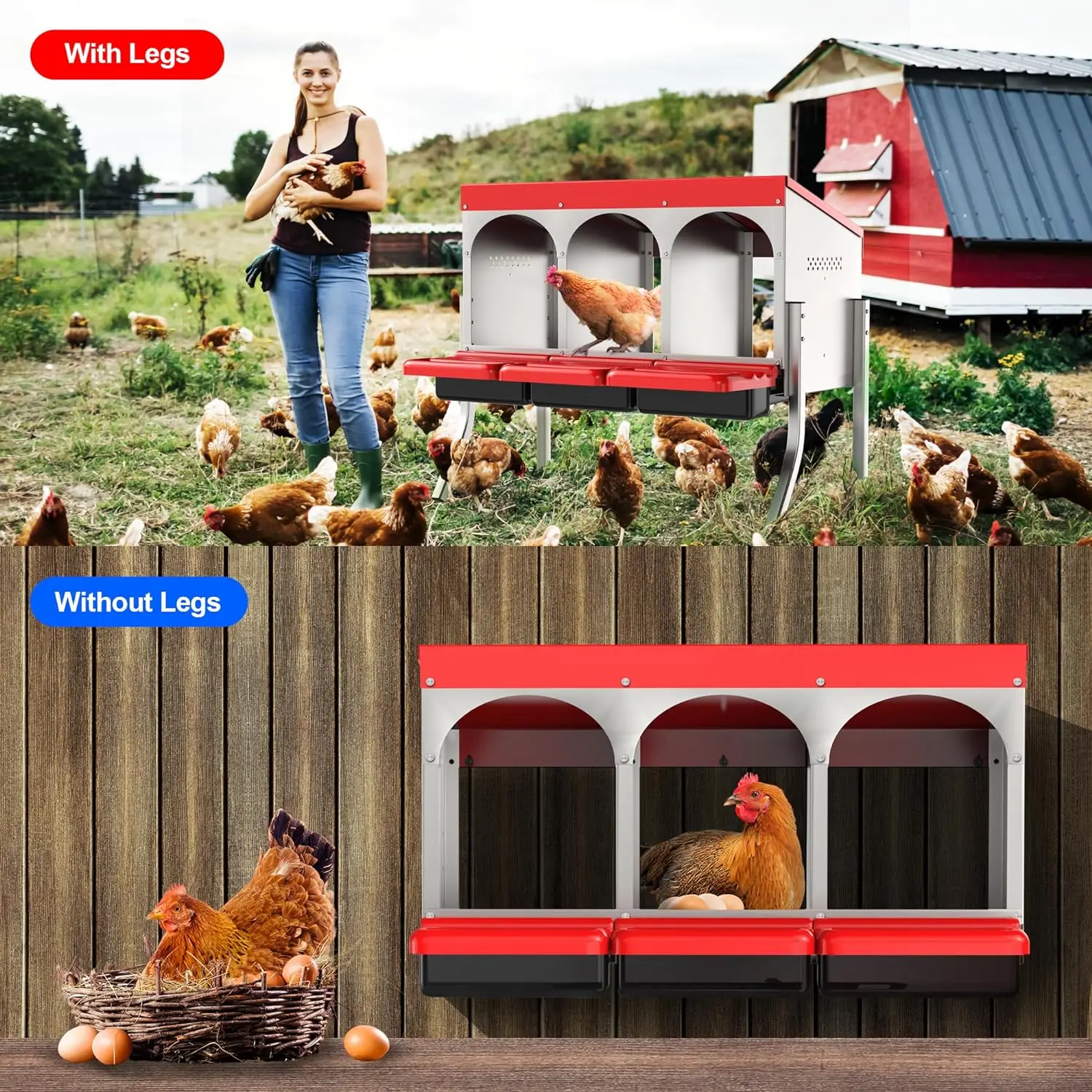 Chicken Nesting Box 3 Hole Metal Chicken Egg Laying Box With Heavy Duty Chicken Coop Nesting Box
