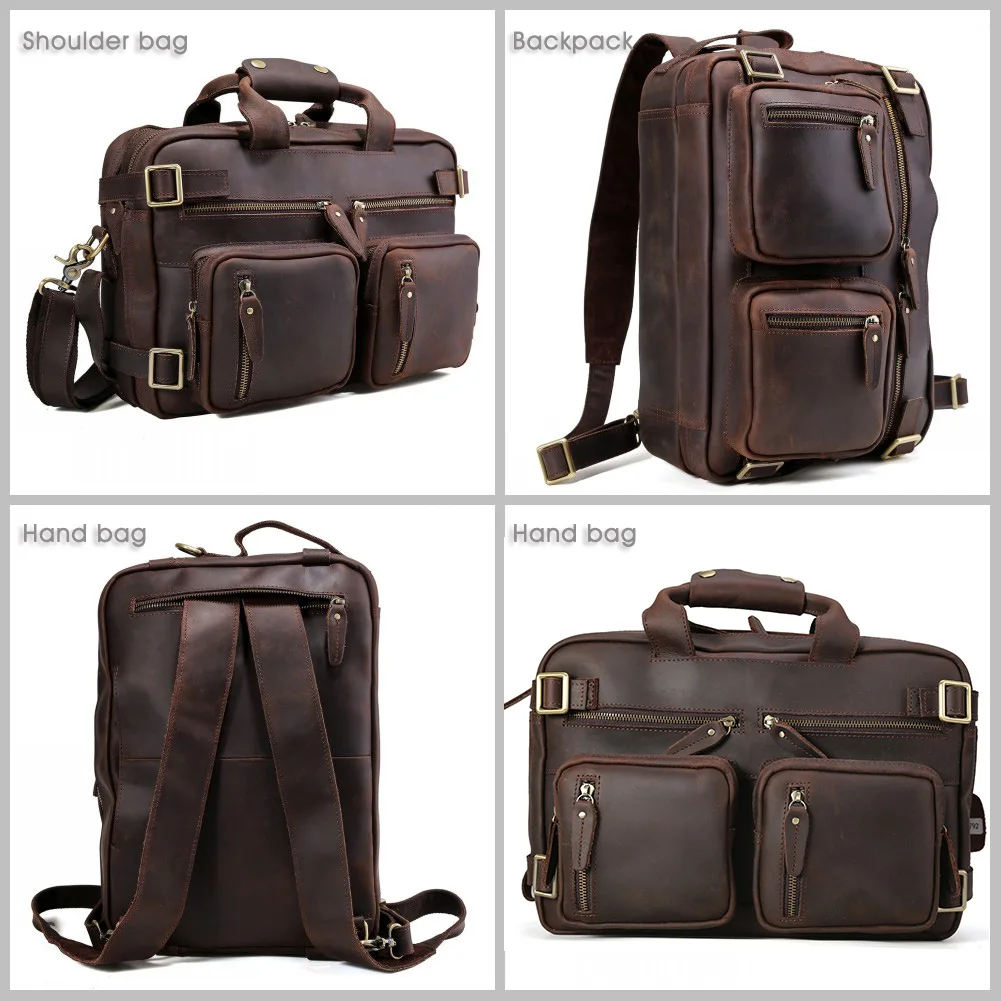 High Quality Customize Logo Design Genuine Leather Briefcase Crazy Horse Leather Backpack Real Leather Shoulder Laptop Bag