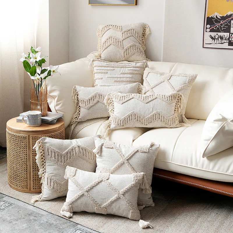 Scandinavian Moroccan Style Tufted Embroidery Sofa Cushions Decorative Fringe Embroidery Pillow Covers