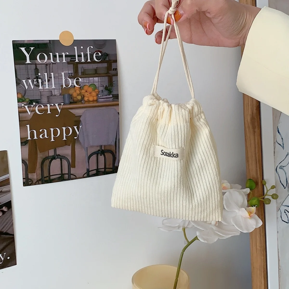 Solid Minimalist Corduroy Woven Label Storage Bag Large Capacity