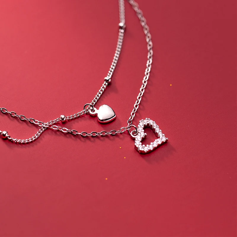 WMS4571 Layered 925 Sterling Silver Double Heart Anklet for Girls Women Birthday Gifts Summer Beach Ankle  Dainty Jewellery