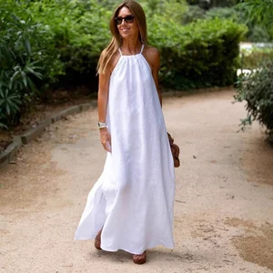 Women's Casual Summer White Beach Dress Sleeveless Halter Split Cotton Hemp Linen Long Maxi with Front Digital Printing