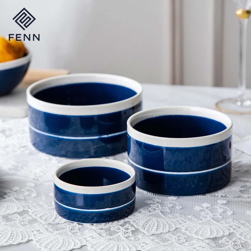 FENN nordic style round shape straight ceramic salad fruit soup bowl gloss blue porcelain bowls with hand-painted white rim