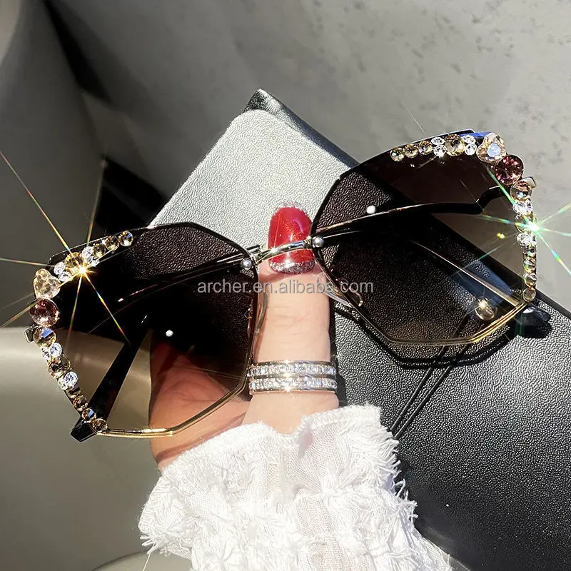 New Purple As Picture Sunglasses Geometric Frame Rhinestone Sunglasses Women Shades  Mode Sunscreen Anti UV Sun Glasses