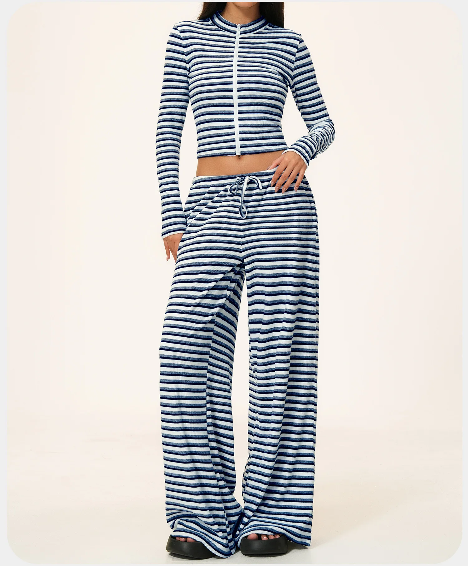 Womens Striped Three Piece Yoga Set Breathable Four Way Stretch Crop Cardigan Wide Leg Pants Activewear — detail