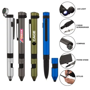 7 in 1 Utility Quest Multi Tool Ball Pen With Field Compass Torch Stylus Mobile Phone Holder