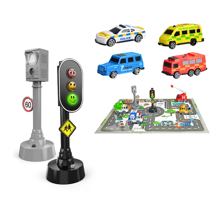 DIY Traffic Light Toy Set with Mini City Cars Educational Role Play Road Scene Toy with Road Play Mat Electric Traffic Light