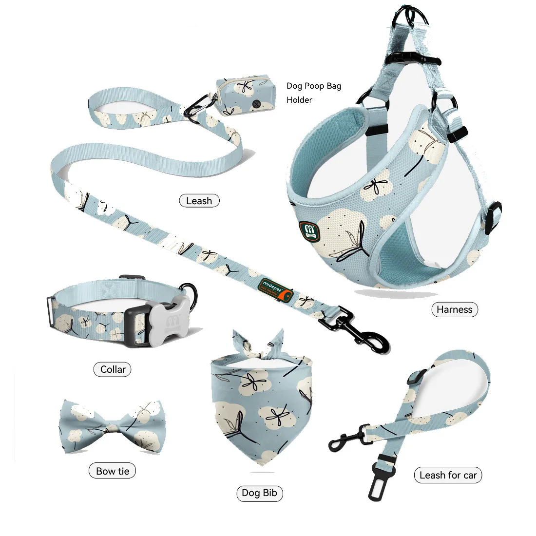 IVYPET OEM Luxury 6-Pieces Pet Dog Harness Set Soft Dog Cat Harness Leash Collar with Poop Bag Holder Bandana Bowknot supplier