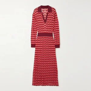 Knitwear Manufacturer Custom Polo Neck Long Sleeve Striped Jacquard Knit Elegant Casual Women Sweater Dress