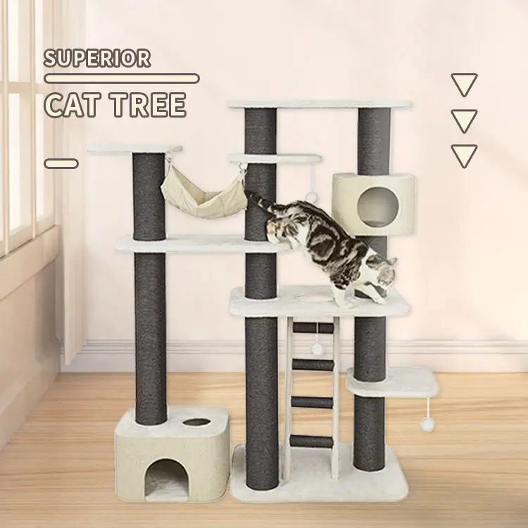 Custom Luxury Big Wooden Cat Tree House Design Ladder Elegant Plush