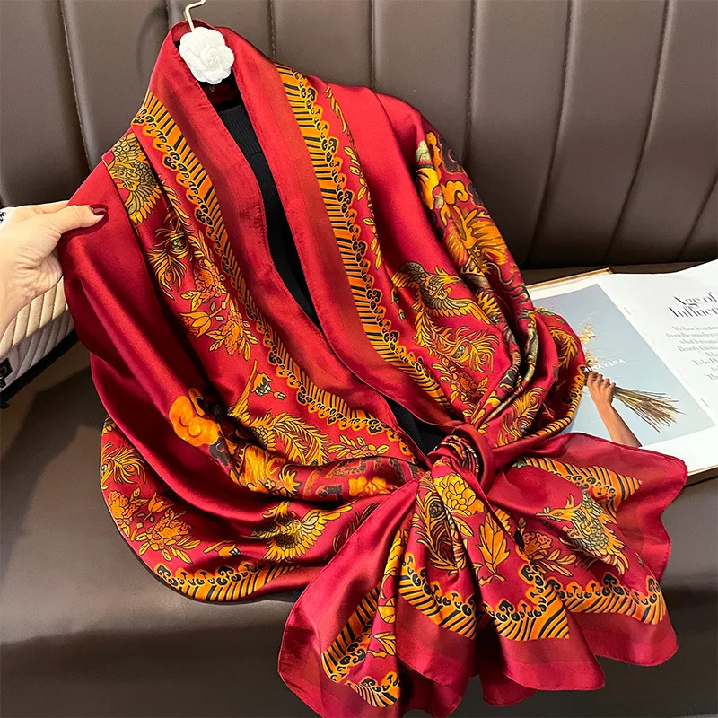 Retro Red Color Flower 180*90CM Silk Scarves Head Wraps for  display picture 3
