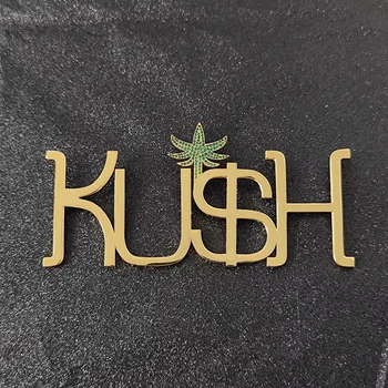 Iced Out Gold Plated Brass Custom Logo Pendant Green Leaf Hook Smooth Letter Pendant Gift For Men Women  Hip Hop Jewelry