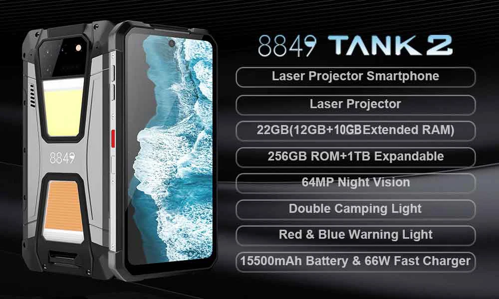  8849 Tank 2 Rugged Smartphone, 22GB+256GB Unlocked Rugged Phone  with Projector, 6.79 4G Waterproof Cell Phone with Camping Light, 15500mAh  64MP Night Vision Android 13 Phone Unlocked, OTG/NFC : Cell Phones