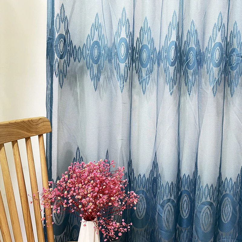 Transparent Ellipse Drape Window Blue Polyester Tulle Jacquard Curtain Knit Sheer Fabric