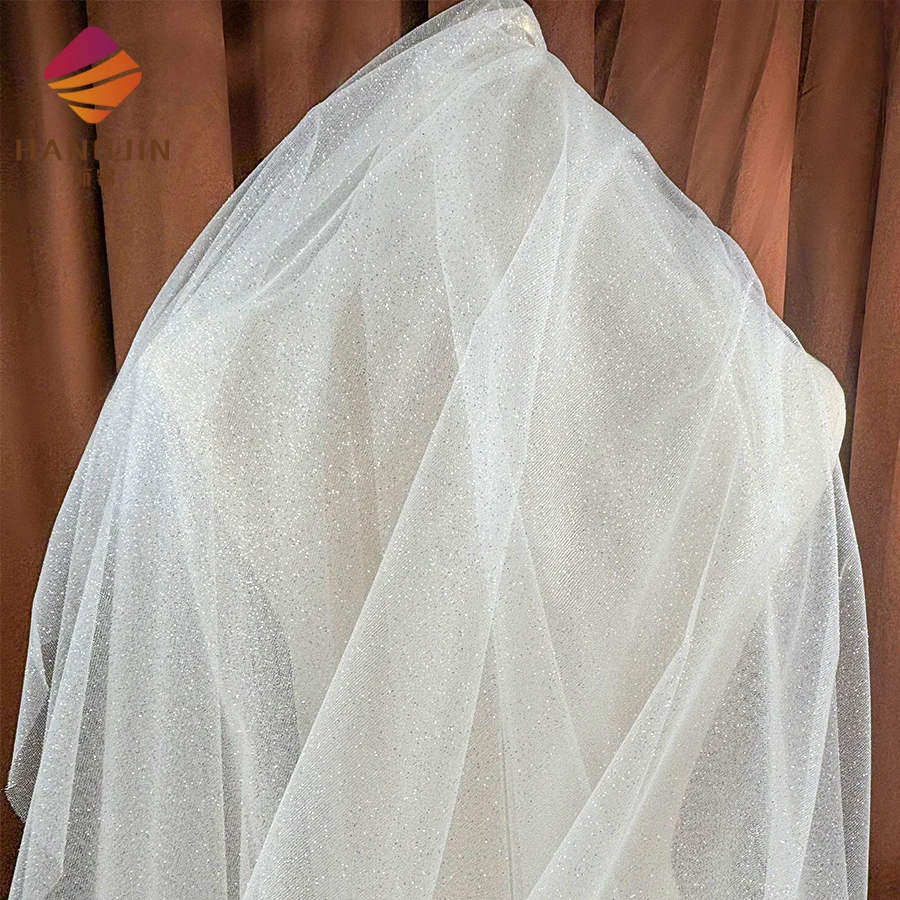 Luxury Shining Silver Sequins Powder Spraying Glued Glitter White Tulle  Fabric Lace Ivory Shimmer Mesh Fabric for Wedding Dress
