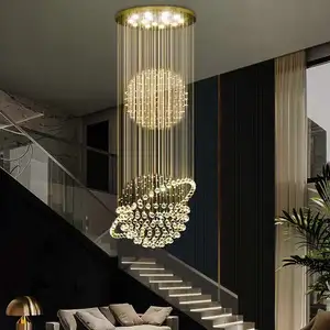 Modern Luxury High Ceiling Decorative LED Crystal K9 Rain Drop Chandeliers Stair Pendant Lights