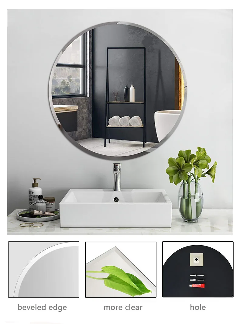 product elegant frameless round mirror crystal clear glass mirror decorative vanity wall mirror for bathroom-5