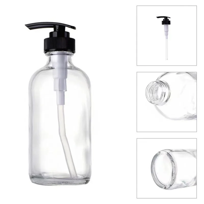 Empty 8 oz  250ml Airless Squeezable Glass Bottle with White Plastic Lotion Pump Wholesale