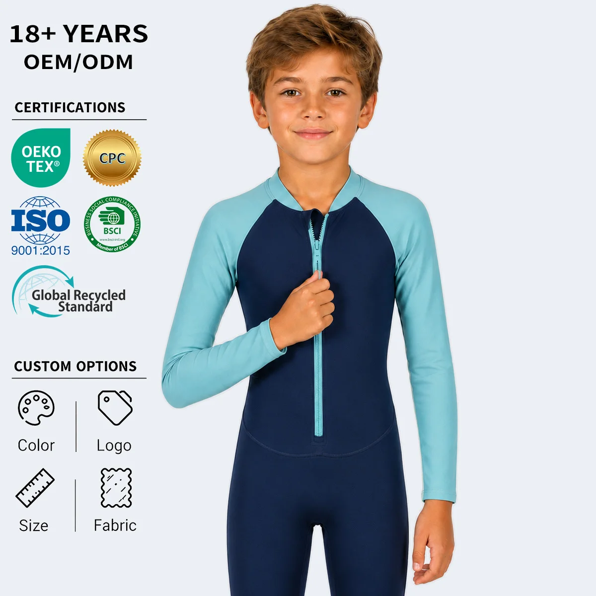 Custom Boys Long Sleeve UV Sun Protection One Piece Swimsuit Kids Full Coverage Wetsuit Swimwear for Pool and Beach