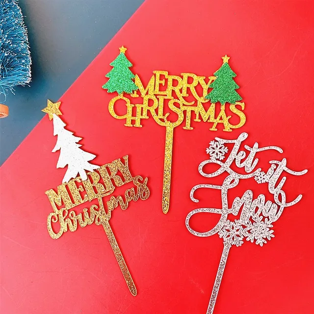 New silver glitter merry christmas party cake decoration christmas tree snowflake acrylic cake placard topper cake