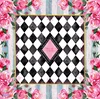 Pivoine rose, carreaux noirs et blancs.