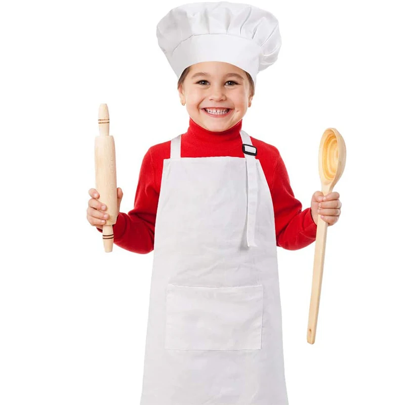 3 Set Niños Delantal y Gorro de Cocinero 3-6 Años Niñito Delantales de Chef Jardín para Cocinar Hornear Pintar Artesanía Ajustable Infantil Delantal de Cocina con Bolsillos para Niñas 