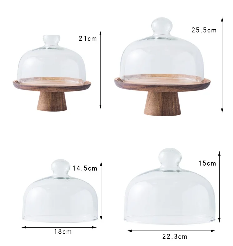 Acacia Wooden Round Food Tray Wood Luxury Cake Stand With Glass Dome