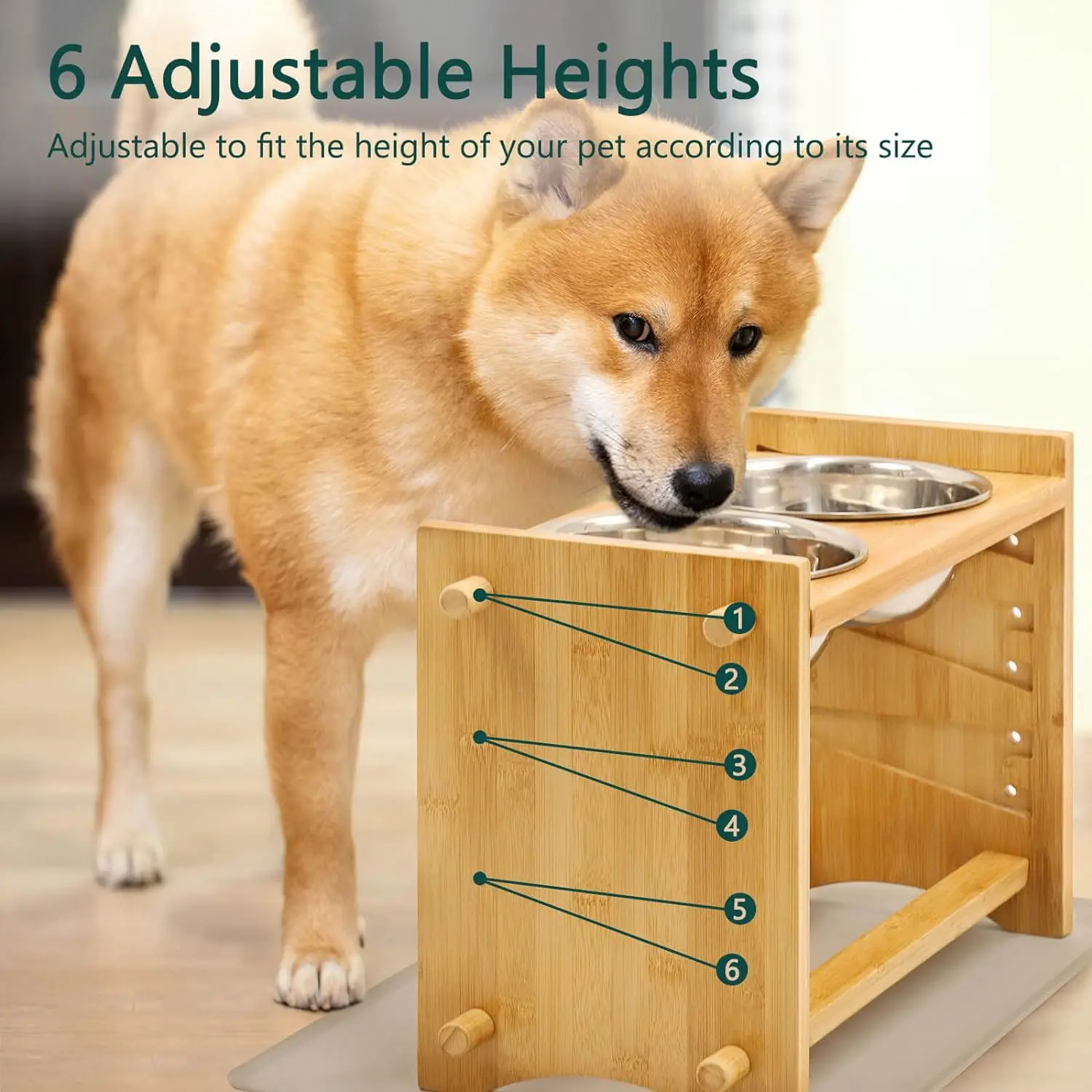 product adjustable bamboo pet feeder with 2 500ml stainless steel bowls anti slip elevated food stand for dogs-1
