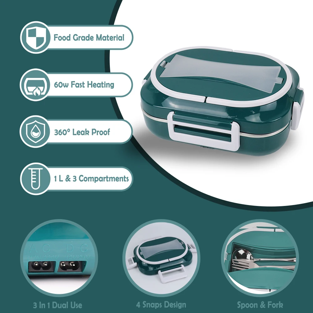 3 Cmopartments Food Warmer Heater Electric Lunch Boxes Stainless Steel ...