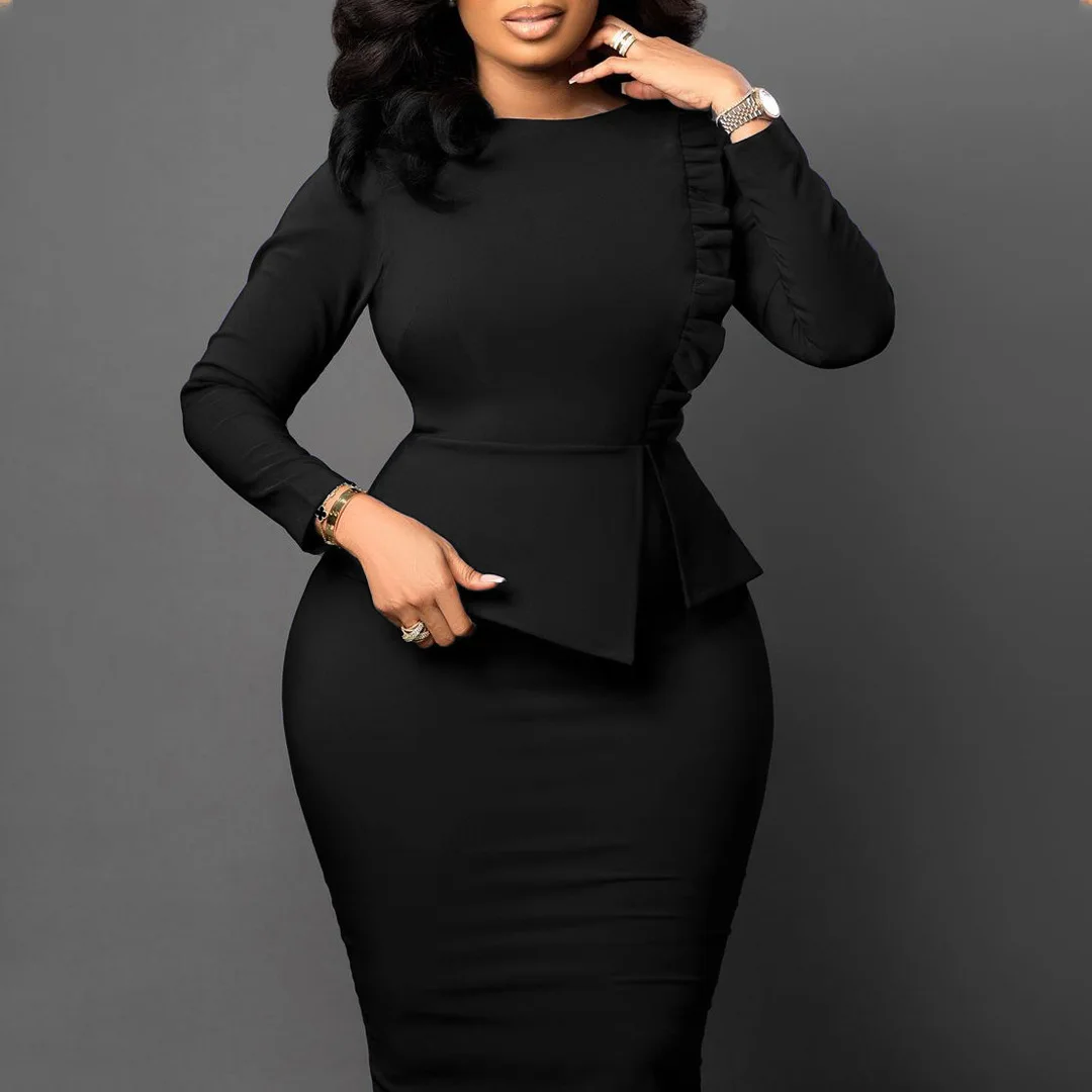 women in sexy black dresses V-Neck Button Detail Split Midi Bodycon Dress in Black
