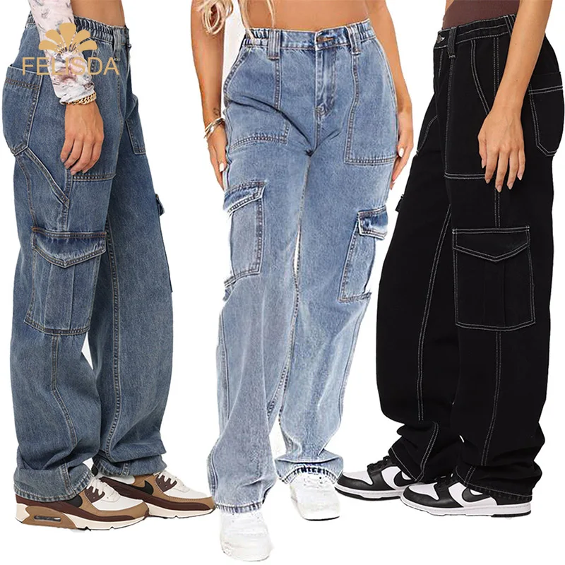Buy High Waist Baggy Cargo Jeans for Women Flap Pocket