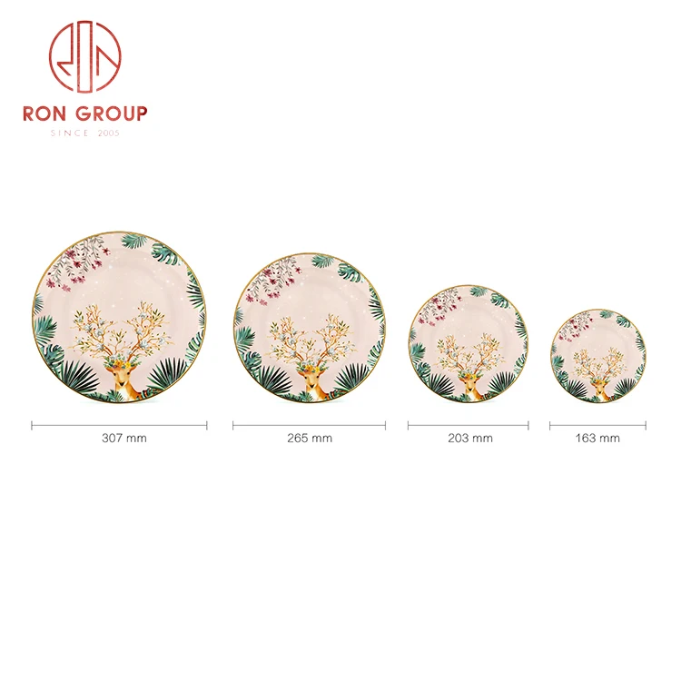 fancy sika deer gold rim pink bone china creative Christmas plates decorative dinner set plates sets dinnerware