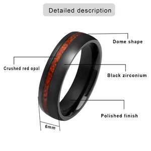 6mm High Polished Ring for Men Galaxy Crushed Red Opal Inlay with Black Zirconium Wedding Ring