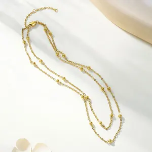 Fashion Jewelry Double Gold Steel Bead Interval Embellishment 18K Gold-plated Sporty Necklace Stainless Steel Chain