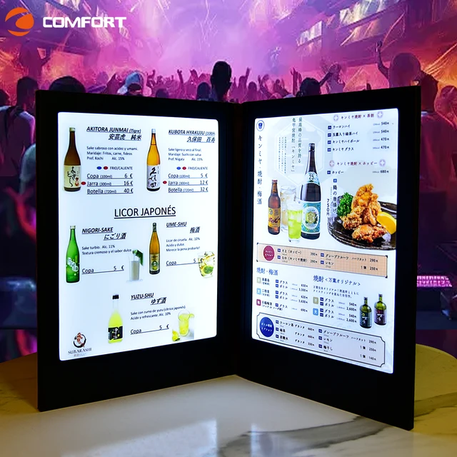 Digital Restaurant A4 Leather Menu Customizable Table Menu Card Restaurant Rectangle Binder LED Menu Book