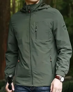 Men's Autumn Blouson Light Jacket with Hood Washed Windproof for Hiking Traveling Running Adventures-Breathable Casual Thin Coat