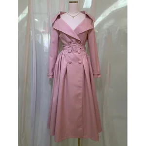 Factory Wholesale Design French Style Elegant Trench Women V-neck Lapel Double-breasted Winter Belt Tight Waist Long Party