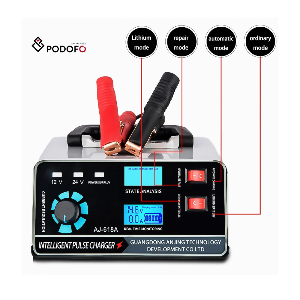 Podofo High Power 400W Car Battery Charger Smart Pulse Repair for 12V/24V Universal Car Wholesale OEM/ODM Car Accessories W6409EU