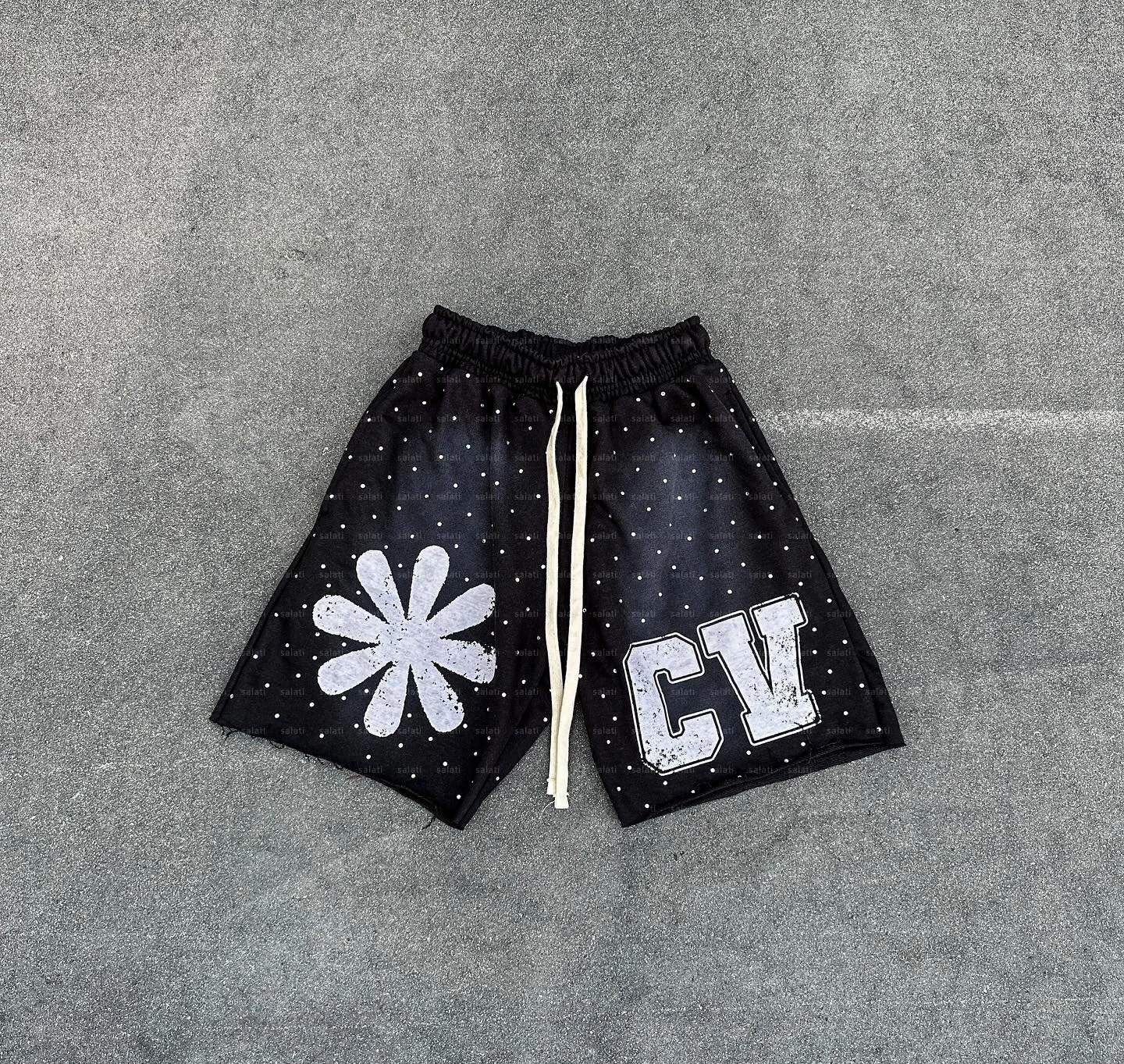 Custom Summer Sweat Shorts Raw Hem Cotton Rhinestone Puff Printed Sun Faded Acid Wash Streetwear Shorts for Men gallery 8