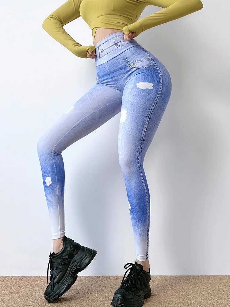 Women'S Imitation Jeans Legging Stretchable Slim Faum Denim Pringting  Leggings Hip Lifting Push Up Workout Sport Streetwear Pant - AliExpress