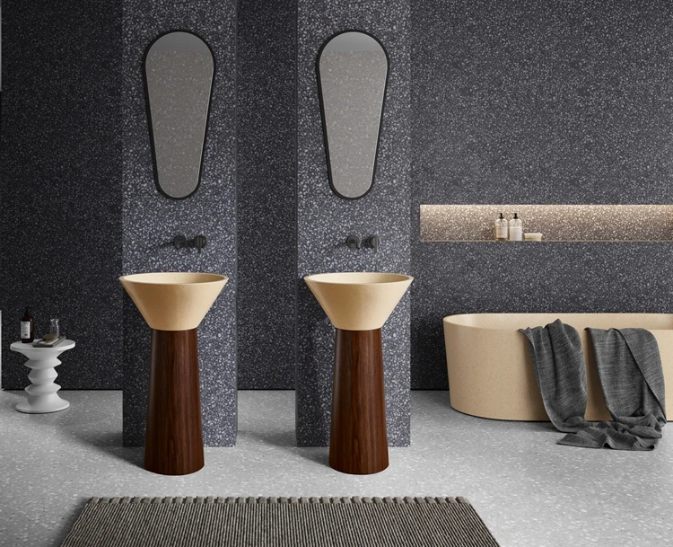 Bathroom Sink Stand Alone Cream Artificial Stone Wash Basin with Wood Grain Stainless Steel Pedestal Freestanding Wash Basin