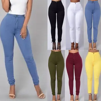 High Waist Stretch Pencil Pants for Plus Size Adults Women's Casual Solid Style Thin Fit Jeans