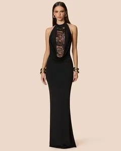 Halter Swinging Collar Sexy Maxi Dress Women Gown Elegant Lace Sheer Off-shoulder Backless Bodycon Club Party Long Dresses