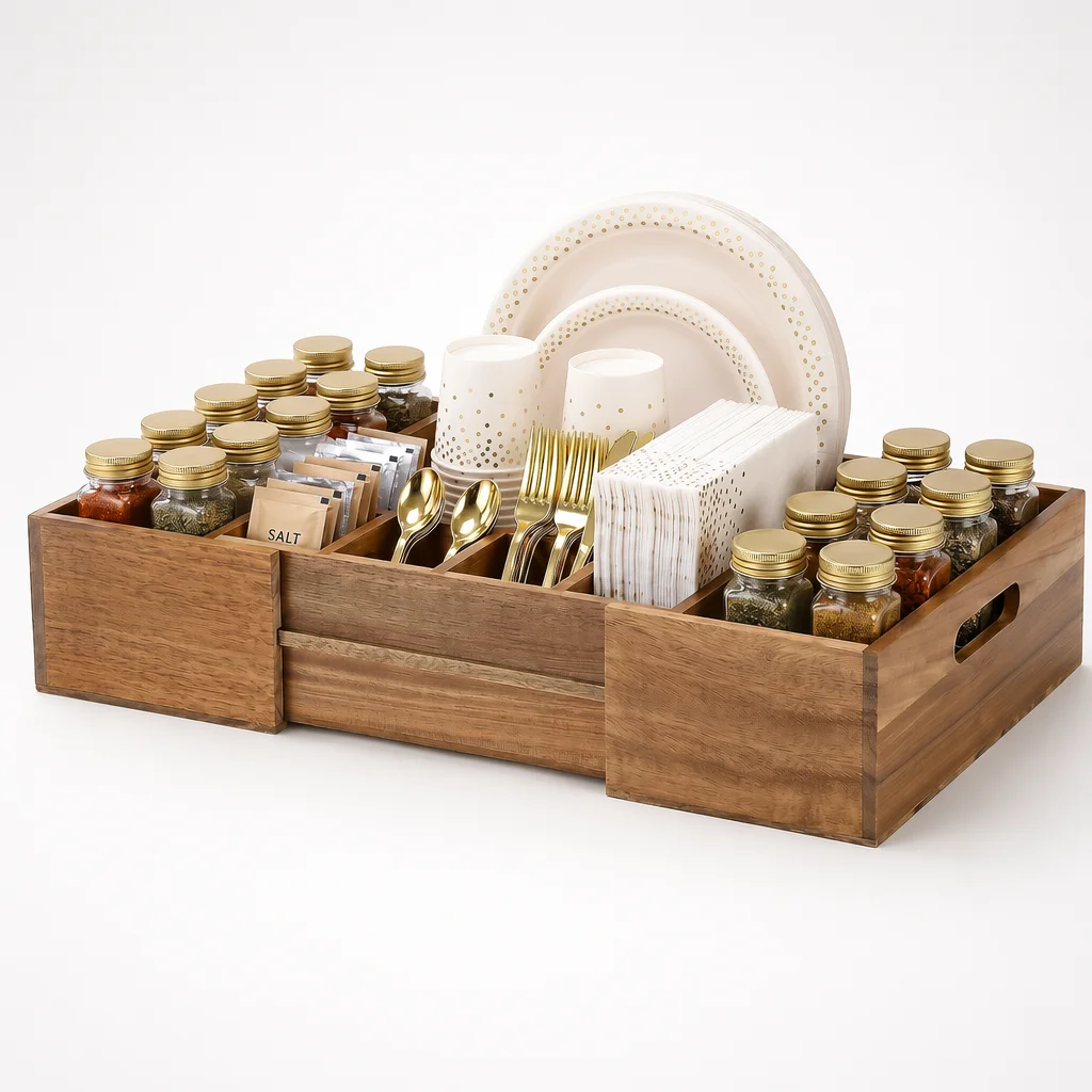 Wholesale Expandable Acacia Wood Desk Drawer Organizer Cutlery Holder Deep Storage Tray for Party Paper Plate Spice Napkin Spoon
