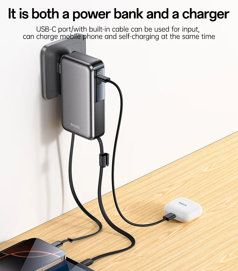 Yesido 10000mAh 22.5W Fast Charging AC+DC Retractable Cable Digital Display Screen Power Bank With AC Charger YP90